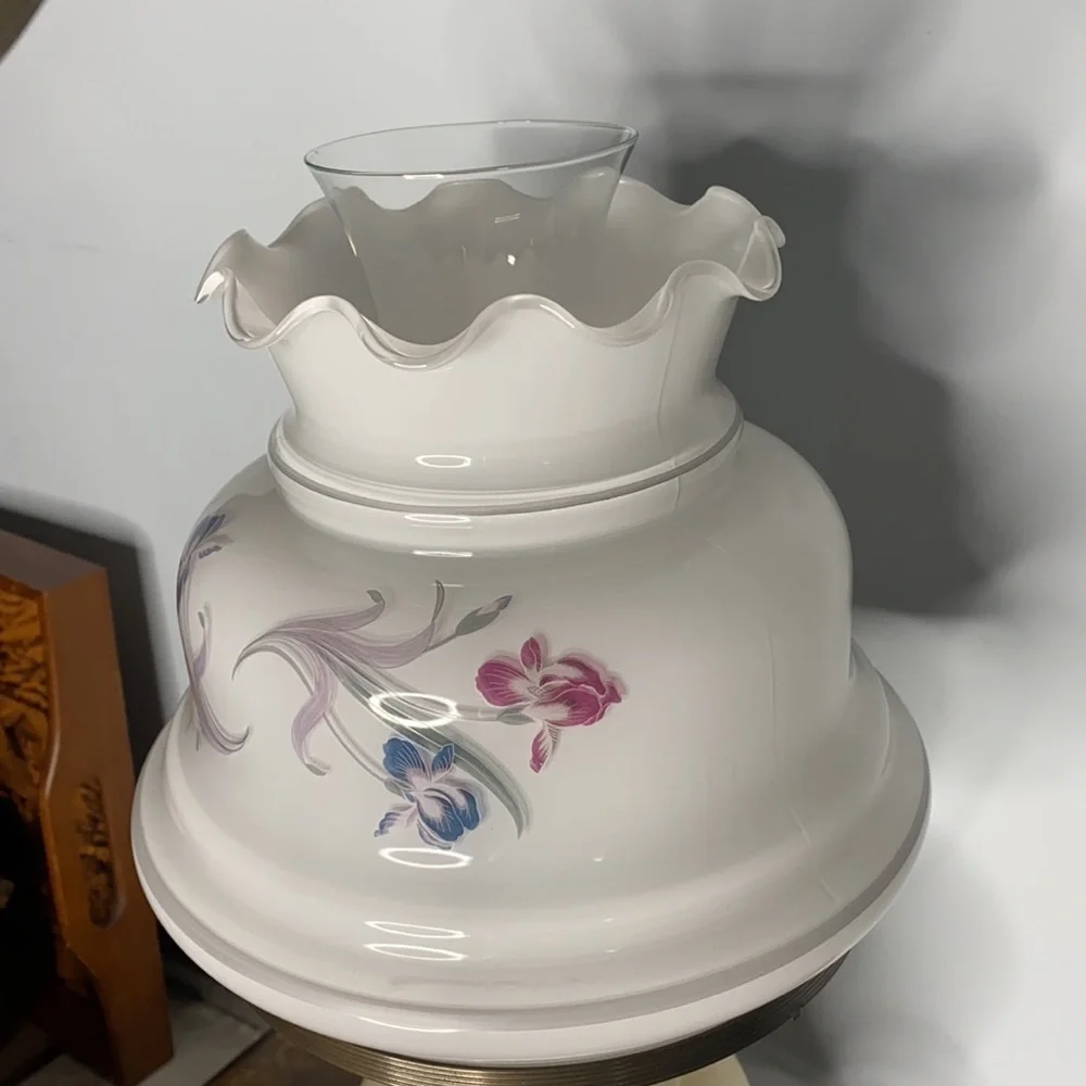 . Vintage Milk Glass Hurricane Lamp - Floral Pattern on Milk Glass Table Top